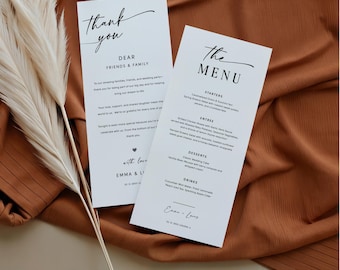 Wedding Menu and Thank You Cards, Wedding Menu Template, Wedding Thank You Card
