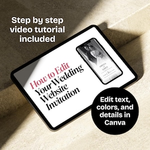 May include: A digital tablet displays a wedding website invitation on a smartphone screen. Text on the tablet reads "How to Edit Your Wedding Website Invitation." A black circle states "Edit text, colors, and details in Canva."