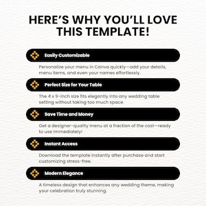 May include: A graphic with a white background and black text outlining the benefits of using a wedding menu template. The text includes "Easily Customizable", "Perfect Size for Your Table", "Save Time and Money", "Instant Access", and "Modern Elegance".