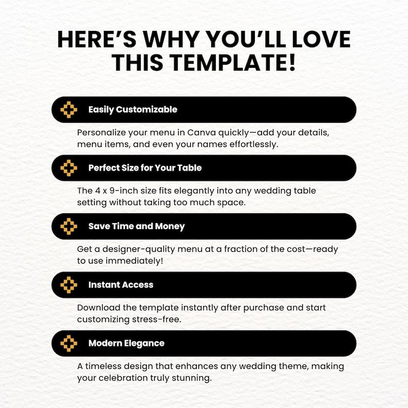 May include: A graphic with a white background and black text outlining the benefits of using a wedding menu template. The text includes "Easily Customizable", "Perfect Size for Your Table", "Save Time and Money", "Instant Access", and "Modern Elegance".