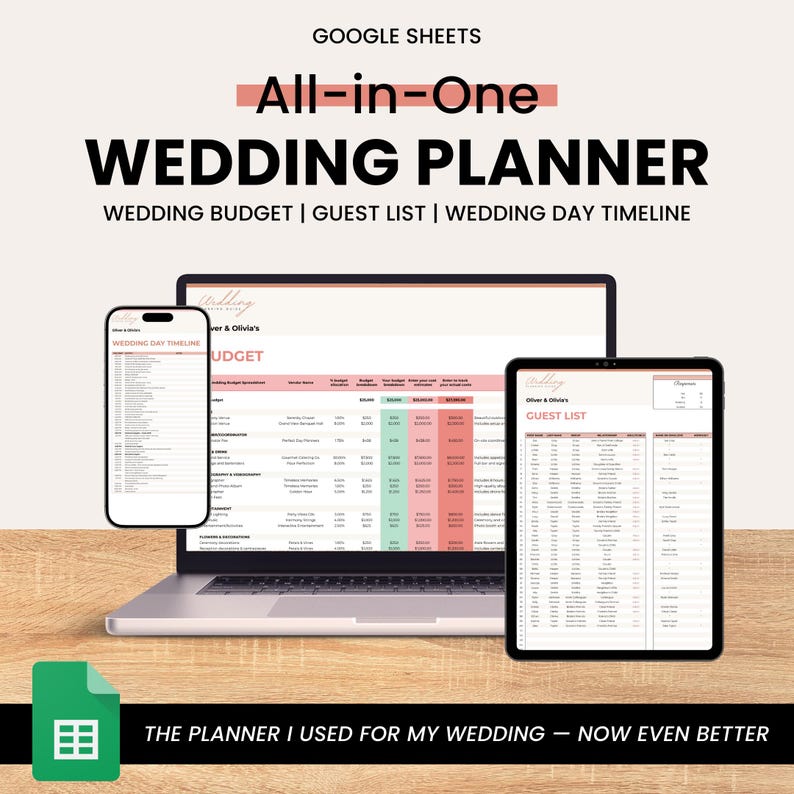 Google Sheets All-in-One Wedding Planner Template featuring 24 tabs, wedding budget, guest list, and timeline. Digital wedding budget spreadsheet planner works on laptop, tablet, and phone for flexible wedding planning and budget tracking anywhere.