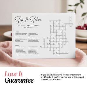 Custom wedding crossword puzzle template on a table with elegant styling. “Love It Guarantee” text displayed, offering couples a fun sip and solve wedding game, fully editable in Canva.