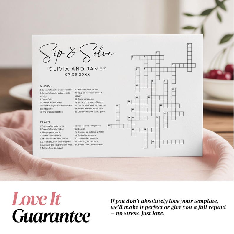 Custom wedding crossword puzzle template on a table with elegant styling. “Love It Guarantee” text displayed, offering couples a fun sip and solve wedding game, fully editable in Canva.