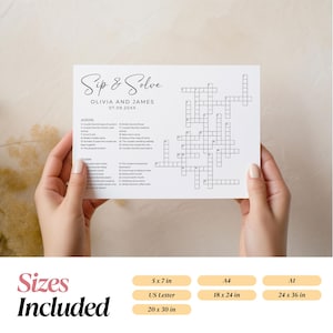 Hands holding a personalized wedding crossword puzzle card titled “Sip & Solve” with custom couple’s names and date. Editable template for wedding table games in sizes 5x7, A4, A5, and US Letter.
