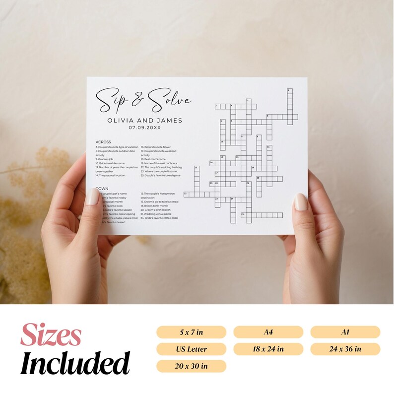 Hands holding a personalized wedding crossword puzzle card titled “Sip & Solve” with custom couple’s names and date. Editable template for wedding table games in sizes 5x7, A4, A5, and US Letter.