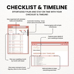 Google Sheets Budget Template and Wedding Planner Spreadsheet for checklists and wedding day timelines. Plan month-by-month tasks, track progress, and manage deadlines in this digital wedding budget spreadsheet planner. Keeps your entire event on schedule from start to finish.
