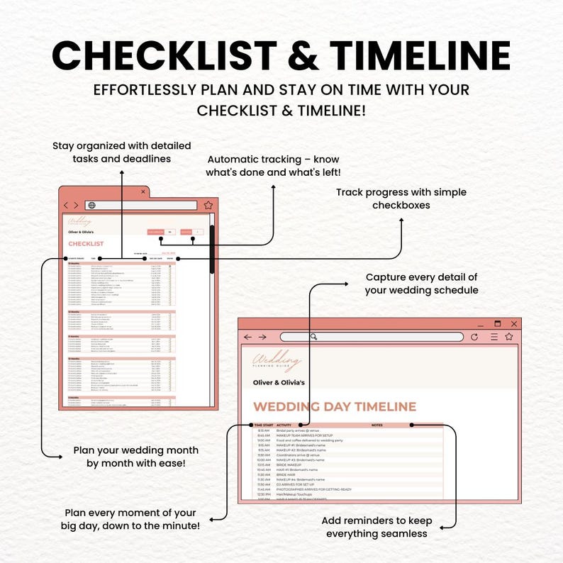 Google Sheets Budget Template and Wedding Planner Spreadsheet for checklists and wedding day timelines. Plan month-by-month tasks, track progress, and manage deadlines in this digital wedding budget spreadsheet planner. Keeps your entire event on schedule from start to finish.