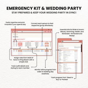 Wedding Planner Template in Google Sheets with digital budget and organization tools. Assign wedding party roles, track outfits, and prepare essential emergency kits for bride and groom. This planner spreadsheet and budget template keeps your wedding planning and day-of organization seamless in a digital planner.