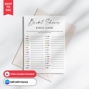 Può includere: Un biglietto bianco per il gioco degli emoji per l'addio al nubilato con testo nero. Il biglietto presenta un elenco di emoji per indovinare frasi relative al matrimonio. Le parole "Bridal Shower" sono in un elegante carattere. È visibile un adesivo rosso "Easy to Use".