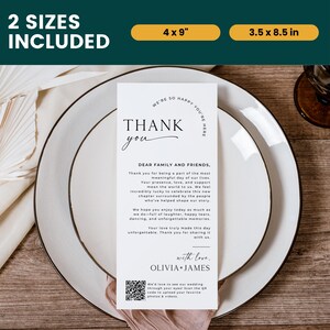 Elegant thank you card template placed on a wedding plate setting, perfect for expressing gratitude to guests. This editable thank you note comes in 4x9" and 3.5x8.5" sizes, making it a versatile wedding thank you card for any reception table. A digital thank you printable with a custom message and QR code, ideal as a personalized thank you card and thoughtful wedding thank you gift.