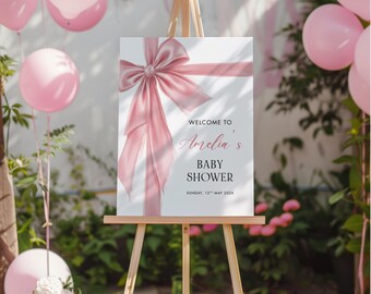 Pink Bow Baby Shower Welcome Sign, Baby Shower Sign