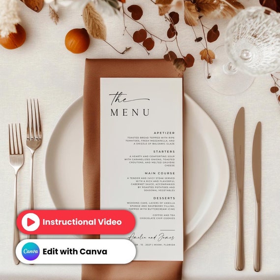 Modern Wedding Menu Template, Digital Wedding Menu Card, Custom Wedding Dinner Menu Template, Canva Wedding Menu Template Digital Download
