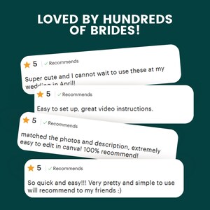 May include: A teal background with white text that reads "LOVED BY HUNDREDS OF BRIDES!". Below are four white speech bubbles with customer reviews, each with a five-star rating and a checkmark that says "Recommends".