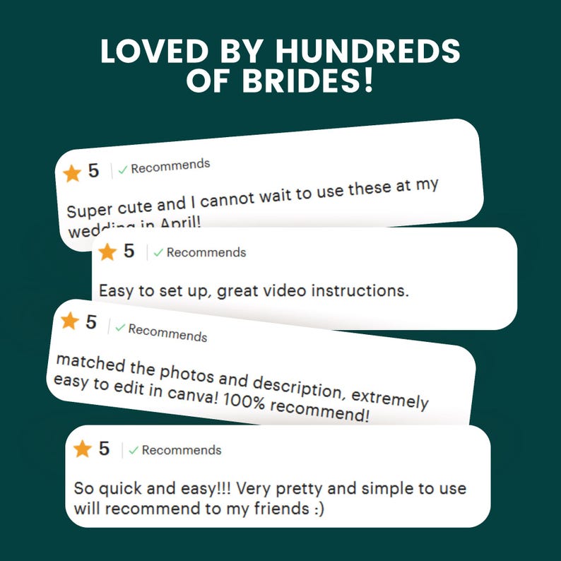 May include: A teal background with white text that reads "LOVED BY HUNDREDS OF BRIDES!". Below are four white speech bubbles with customer reviews, each with a five-star rating and a checkmark that says "Recommends".
