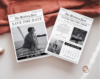 Save the Date Newspaper Template, Digital Wedding Save the Date Cards