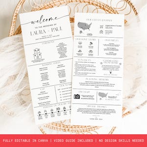 Puede incluir: Dos programas de boda blancos con texto negro. El programa de la izquierda dice "Bienvenida a la boda de Laura + Paul" con detalles de la ceremonia y la fiesta de bodas. El programa de la derecha incluye detalles de "Nuestro viaje de invitados" y "Nuestra historia de amor".