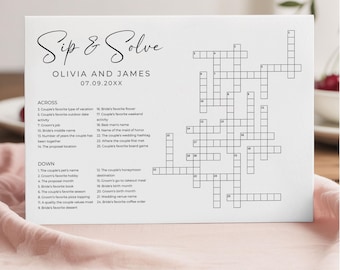 Personalisierte Hochzeit Kreuzworträtsel Vorlage, benutzerdefinierte Schlürfen und lösen Kreuzworträtsel Hochzeit, Hochzeitstischspiele