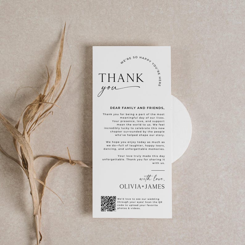 Custom thank you card flat lay featuring a wedding thank you template with a QR code for guests to upload memories. A printable thank you note that's editable in Canva, ideal for weddings and receptions. Includes a heartfelt message that serves as a personalized wedding thank you card and gift. Perfect for placing on dinner plates or table settings as a thank you notes wedding keepsake.