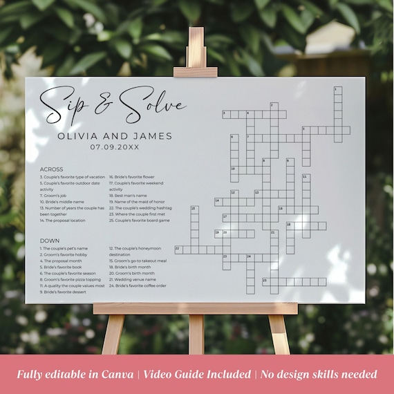 Personalized Wedding Crossword Puzzle Template, Custom Sip and Solve Crossword Puzzle Wedding, Wedding Table Games