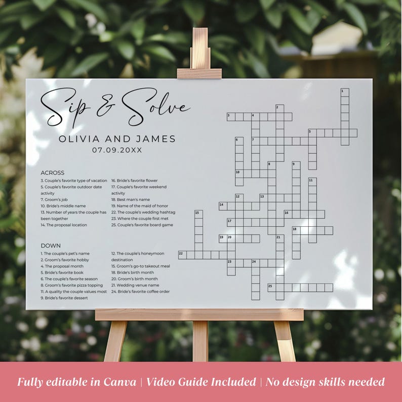 Editable crossword puzzle wedding game displayed on an easel in a garden. Canva template with sip and solve theme, great for bridal showers, wedding receptions, and table entertainment.
