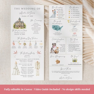 Op de afbeelding: Een trouwuitnodigingssuite met een gedetailleerde lay-out. Het ontwerp bevat een tijdlijn, gastinformatie en een kaart. De uitnodiging heeft een klassiek lettertype en elegante illustraties.