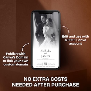 May include: A smartphone displays a wedding invitation with the names "Amelia and James" in elegant script. The invitation includes the date, time, and location. Text on the image promotes using Canva's domain or a custom domain, and editing with a free Canva account.