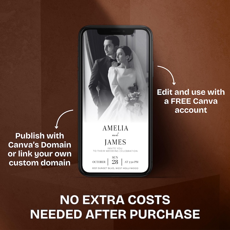 May include: A smartphone displays a wedding invitation with the names "Amelia and James" in elegant script. The invitation includes the date, time, and location. Text on the image promotes using Canva's domain or a custom domain, and editing with a free Canva account.