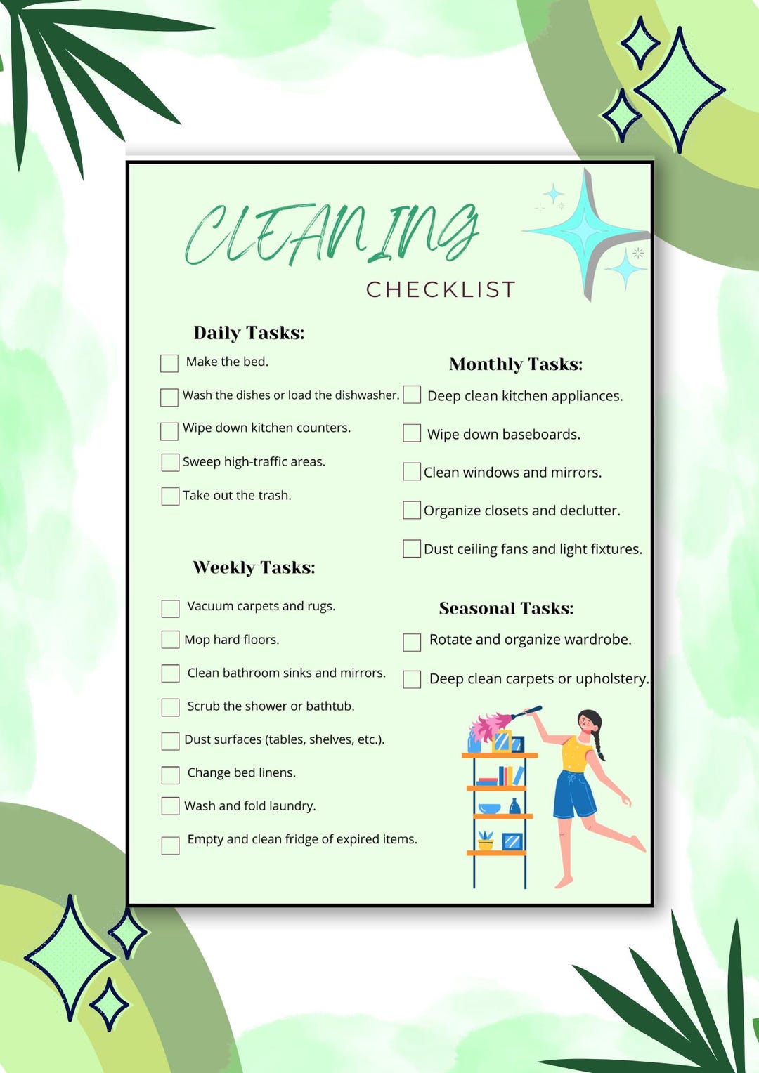 Printable Cleaning Checklist | Daily, Weekly, Monthly & Seasonal ...
