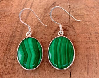 Natural Malachite Sterling Silver Dangle Earrings | Green Gemstone Oval Drop Earrings | Handmade Boho Jewelry