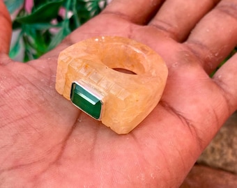 Yellow Aventurine Solid Gemstone Statement Ring, Emerald Crystal Ring, 925 Sterling Silver Ring, Gift For Her Ring