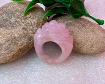 Natural Rose Quartz Solid Flower Design Ring, &quot;Hand-Carved Rose Quartz Flower Ring – Natural Crystal Statement Jewelry Gift For Her