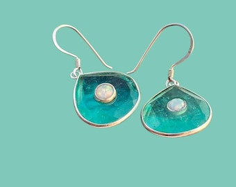 Paraiba Turmalin Kristall Ohrringe: Sterling Silber Opal Anhänger, Boho Chic