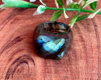 Bold Faceted Natural Labradorite Crystal Chunky Statement Ring | Iridescent Natural Gemstone Jewelry for Men & Women | Boho Ring Gift