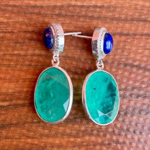 Paraiba Tourmaline Dangle Earrings with Lapis Lazuli Studs in Sterling Silver | Handmade Gemstone Jewelry | Gift for Her