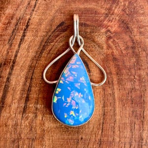 Blue Fire Opal Teardrop Pendant in Sterling Silver Oxidized, Handmade Iridescent Gemstone Necklace, Women Neck Pendant, Gift For Her