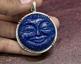 Hand geschnitzter Lapis Lazuli Mond Gesicht Anhänger, 925 Sterling Silber Celestial Halskette