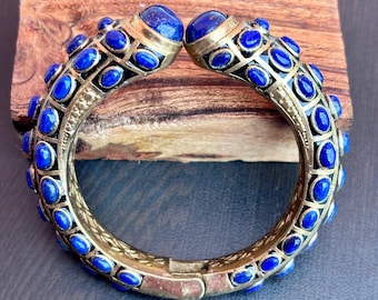 Natural Lapis Lazuli Gemstone Gold Plated Bangle: Lapis Lazuli Stone, Vintage Style Cuff
