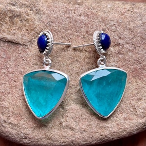 Lapis Lazuli and Paraiba Tourmaline Crystal Earrings | 925 Sterling Silver Triangle Drop Earrings | Artisan Handmade  Jewelry| Gift For Her