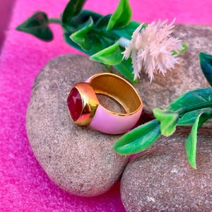Pode incluir: Um anel dourado com uma faixa de esmalte rosa e uma grande pedra preciosa vermelha facetada. O anel é exibido em pedras lisas com detalhes florais verdes e brancos, em um fundo de tecido rosa.
