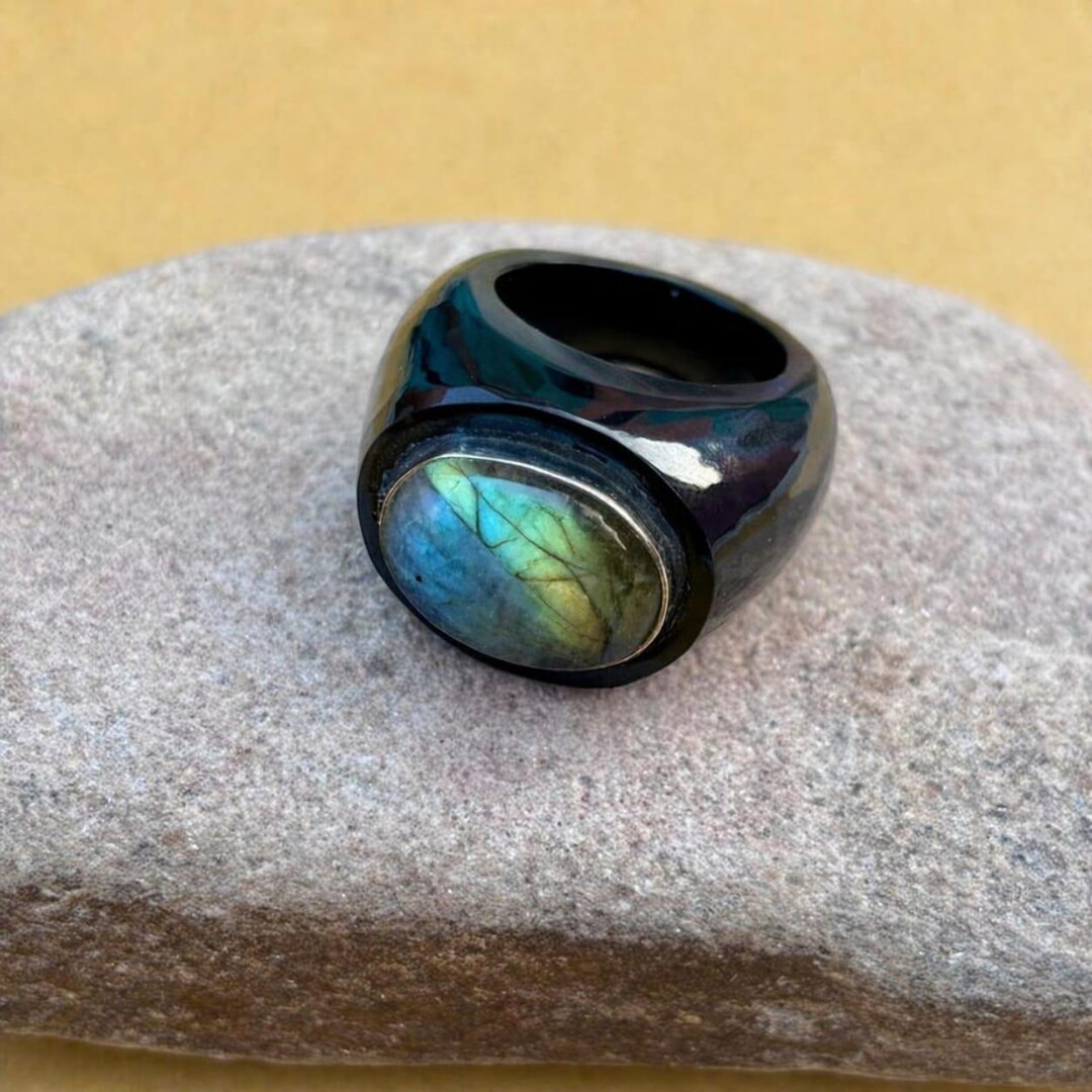 リング「Black Labradorite」ripple stone Black Obsidian Labradorite Statement Ring, 925 Sterling Silver