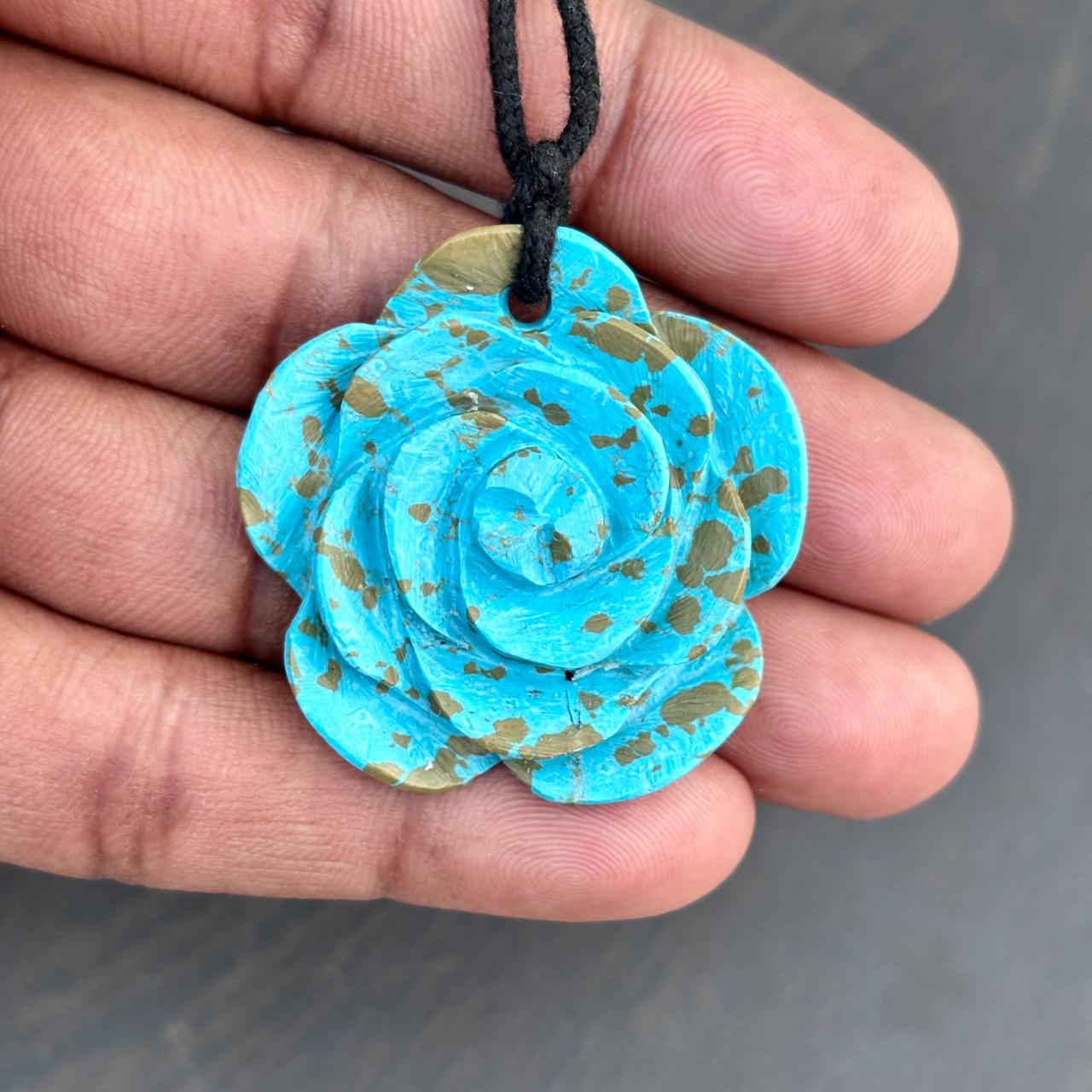 Pendentif En Argent Sterling Et Turquoise - Design Floral Et Feuilles Sculpté - Noir Et Turquoise - Occasion