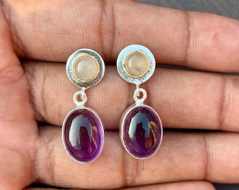 Set Orecchini Pendenti In Ametista, Quarzo Rosa E Argento Sterling - Gioielli Cabochon In Confezione Regalo - 2