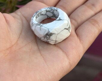 Howlite Statement Ring: White Marble Texture, Checkar Cut Design
