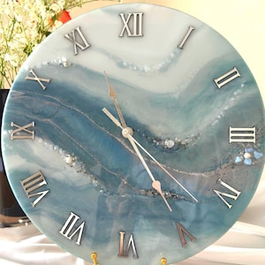 Epoxy Resin Wall Clock, Dove Blue, Moonstone & Quartz, Unique Gift, Home Decor