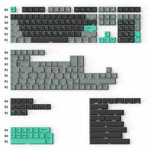 Könnte beinhalten: Ein mechanisches Tastatur-Tastenkappen-Set in Dunkelgrau und Hellgrau mit türkisfarbenen Beschriftungen und Akzenttasten. Das Set enthält verschiedene Reihenprofile von R1 bis R4 sowie auf jeder Tastenkappe aufgedruckte Einheitsgrößen.