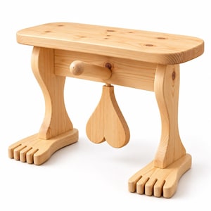 Könnte beinhalten: Ein heller Holzhocker mit einer flachen, rechteckigen Sitzfläche, zwei geschwungenen Beinen in Fußform mit Zehen an der Basis, einem zentralen horizontalen zylindrischen Vorsprung und einem herzförmigen Holzelement unter dem Sitz.