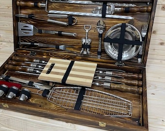 Personalized Grill Tool Set in Wooden Case / Barbecue Kit with Skewers / Grilling Gift for Men / Outdoor Cooking Set / Father day gift