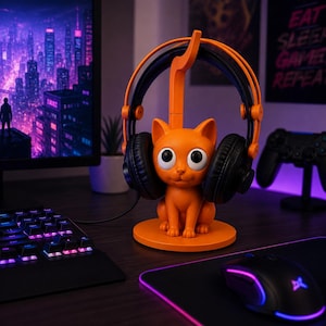 May include: An orange cat-shaped headphone stand with a circular base and a tall, curved neck. The stand holds a pair of black over-ear headphones with large, padded ear cups. The cat figure has wide, round eyes and a smooth, matte orange finish.