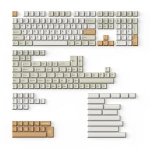 Peut inclure: Un ensemble complet de touches pour clavier mécanique dans une palette de couleurs beige clair et blanc cassé. La collection comprend diverses touches alphanumériques, touches de fonction, modificateurs et barres d'espace, avec des accents.