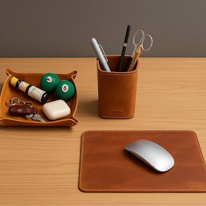 Leather Desk Accessories Set - Mouse Pad, Tray and Pen Cup / Complete Leather Desk Set / Decorative Desk Trays/ Leather table set /Boss gift